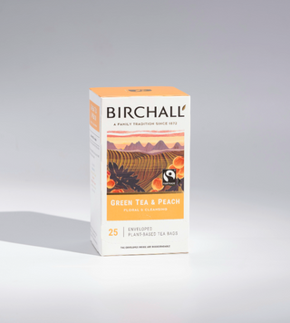 Box of Birchall Green Tea & Peach, 25 individually enveloped tea bags with Chinese green tea, peach and marigold flowers
