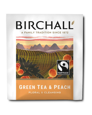Birchall Green Tea & Peach, enveloped tea bag with Chinese green tea, peach and marigold flowers