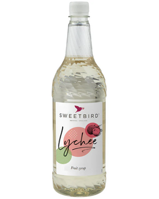 Bottle of Sweetbird Lychee fruit syrup on a white background