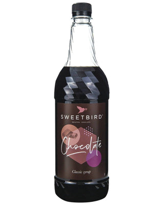 Bottle of Sweetbird chocolate syrup on a white background