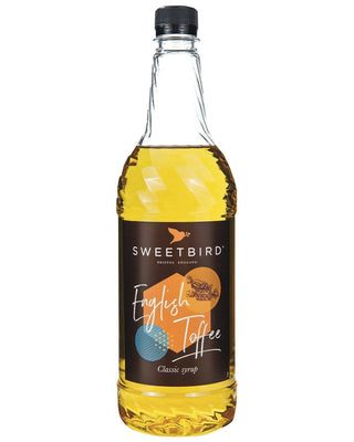 Bottle of Sweetbird English Toffee syrup on a white background