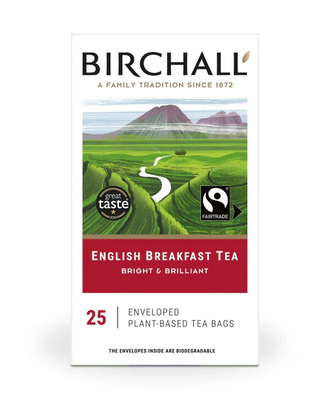 Box of Birchall English Breakfast Tea, 25 individually enveloped Fairtrade Rainforest Alliance Certified tea bags