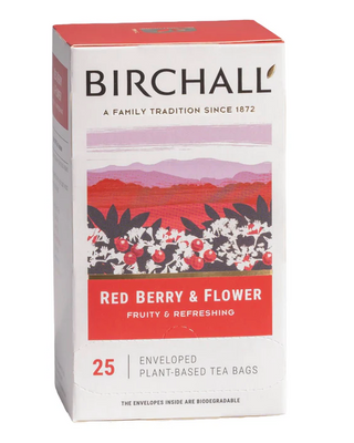 Box of Birchall Red Berry & Flower Tea, 25 individually enveloped caffeine-free fruity herbal tea bags.