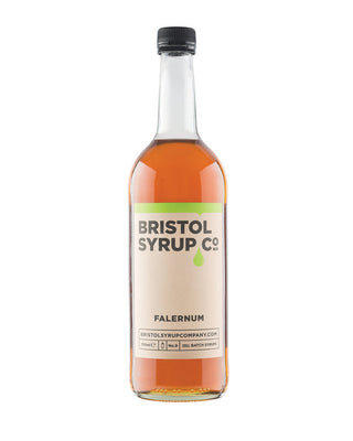 Bottle of Bristol Syrup Co Falernum syrup on a white background