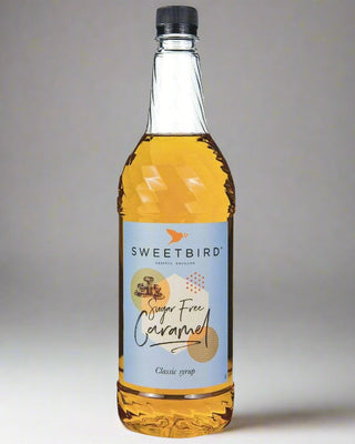 Bottle of Sweetbird Sugar Free Caramel Syrup, 1 litre recyclable bottle, low-calorie caramel flavour for coffee

