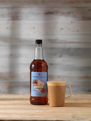 Bottle of Sweetbird Sugar Free Caramel Syrup,glass of sugar freee caramel latte